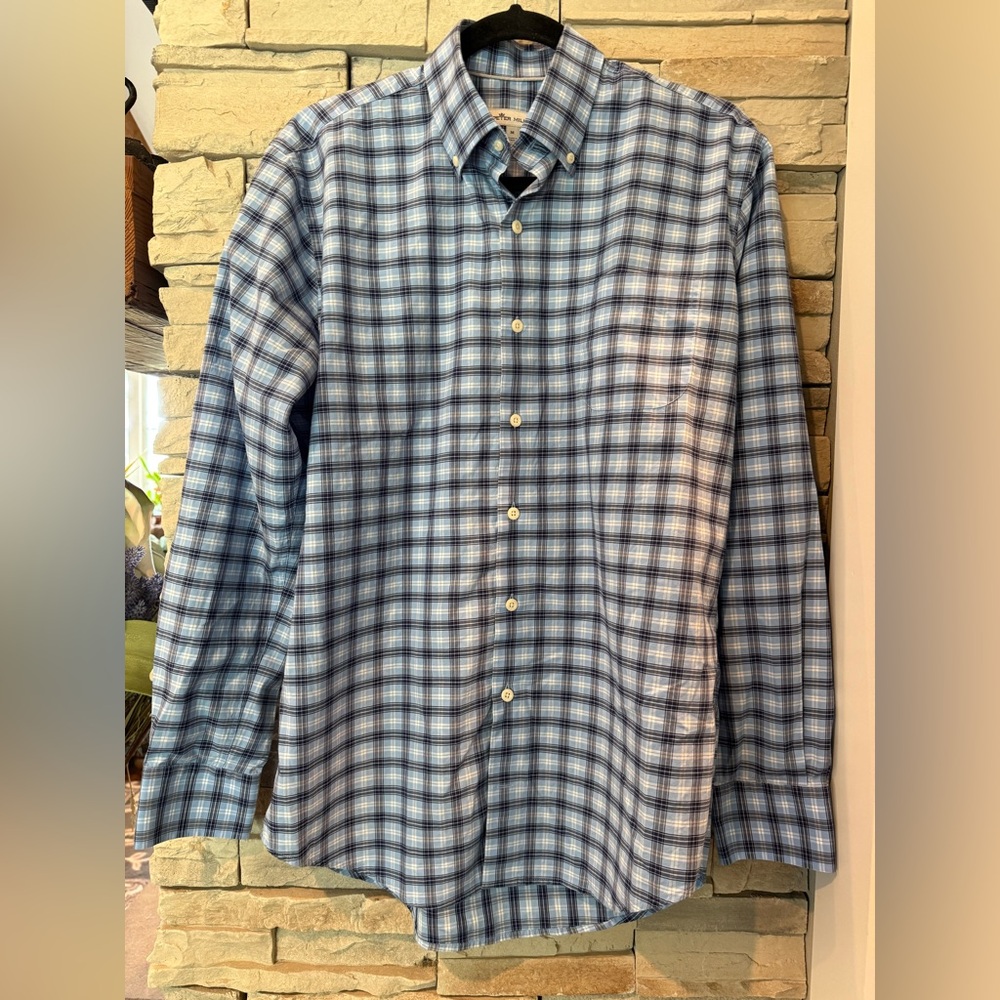 Peter Millar Shirt Blue Plaid Button Up Long Sleeve Men's Medium